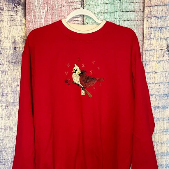 Vintage Cardinal Bird Sweatshirt Red Crewneck Embroidered Medium Christmas - Picture 3 of 5